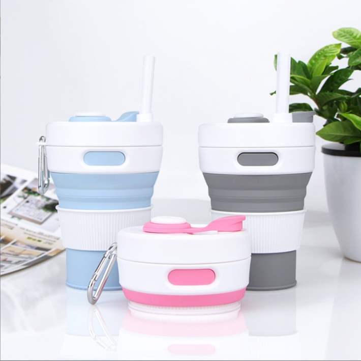Cross-border Bestseller Silicone Water Cup Foldable Portable Expandable Water Cup Manufacturer Direct Sale Foldable Coffee Cup with Straw