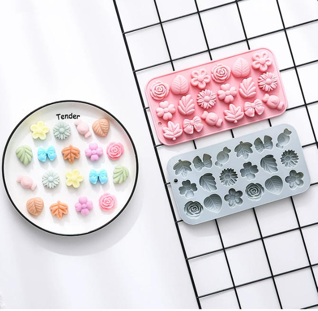 18 connected small floral leaf, candy, bow, and other shaped silicone molds for baking cakes and chocolates