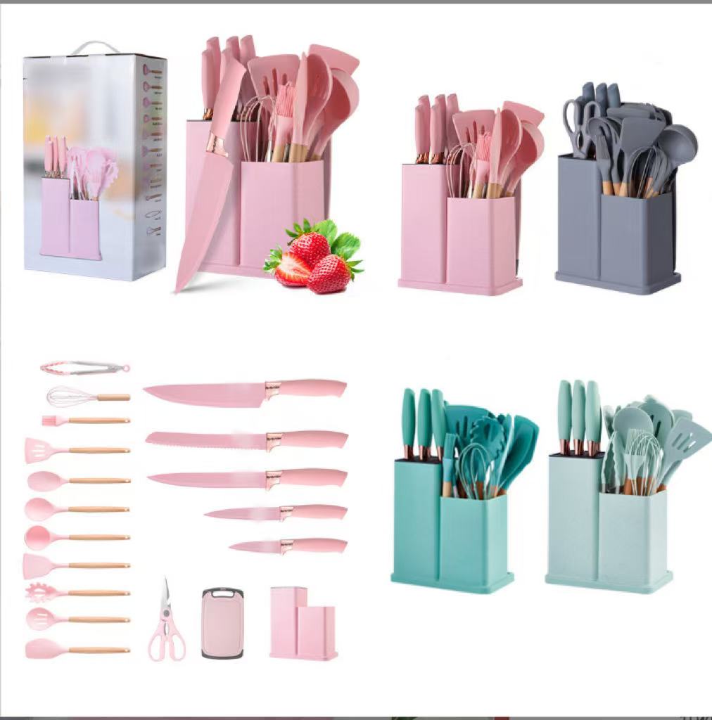 19-piece silicone kitchenware set with storage bucket, knife set, silicone and oak handles, spatula, soup ladle, cooking spoon, and pot