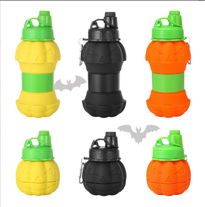 Cross-border Silicone Halloween Pumpkin Water Bottle, Foldable Portable Sports Cup, Creative Halloween Sports Water Bottle