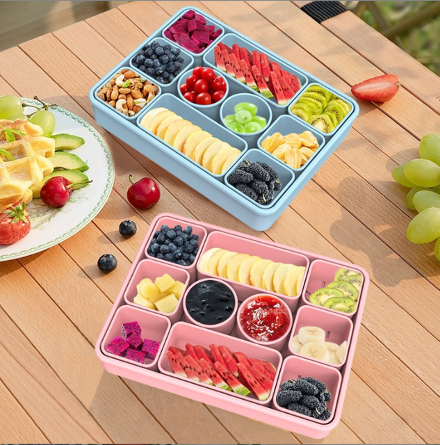 Cross-border silicone snack box lunch box, 10-compartment fruit and bread divider tray container, food-grade lunch box.