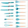 19-piece silicone kitchenware set with storage bucket, knife set, silicone and oak handles, spatula, soup ladle, cooking spoon, and pot