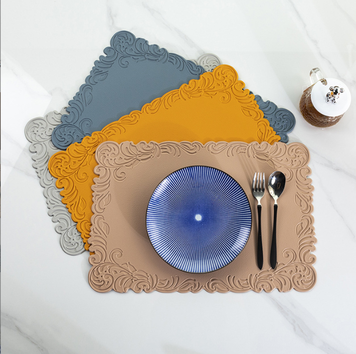 Rectangular Embossed Edge PV Silicone Placemat, Heat-Resistant, Oil-Proof, Waterproof Table Mat, Chinese-Style Bowl Mat.