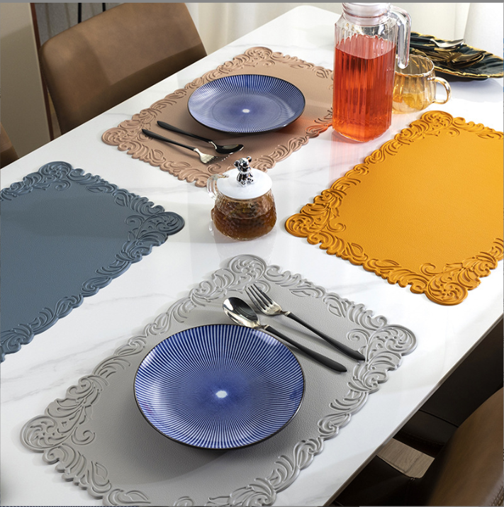 Rectangular Embossed Edge PV Silicone Placemat, Heat-Resistant, Oil-Proof, Waterproof Table Mat, Chinese-Style Bowl Mat.