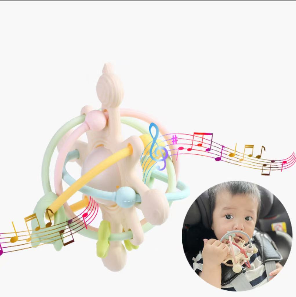 Baby Manhattan Handheld Ball Soft Silicone Rattle Crib Bell Teether Chew Toy for 0-3 Year Olds.