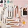 19-piece silicone kitchenware set with storage bucket, knife set, silicone and oak handles, spatula, soup ladle, cooking spoon, and pot