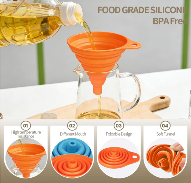Portable Kitchen Liquid Funnel 4-Piece Kitchen Oil and Powder Transfer Funnels Multifunctional Kitchen Transfer Funnel Food-Grade Foldable Kitchen Funnel Multi-Size Foldable Silicone Funnel Set