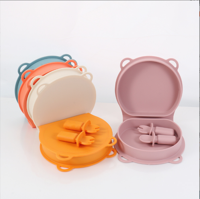 New baby silicone foldable plate bowl children's dinner plate with fork and spoon, outdoor travel children's silicone lunch box