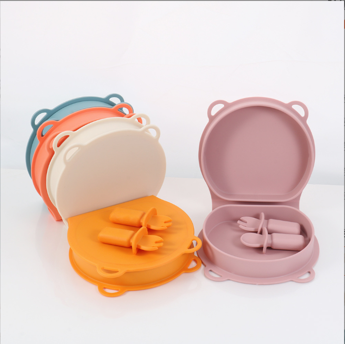 New baby silicone foldable plate bowl children's dinner plate with fork and spoon, outdoor travel children's silicone lunch box