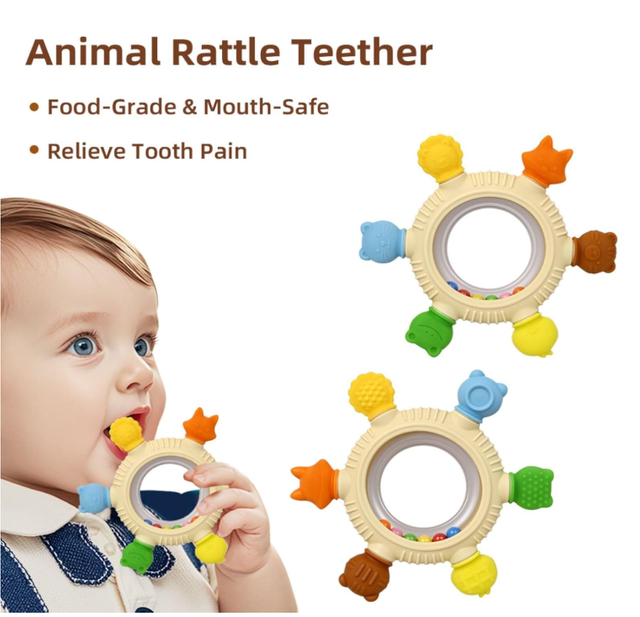 BPA Food-Grade Silicone Baby Teether - Beige Rudder Rattle Toy with Wooden Ring, Montessori Sensory Teething Toy to Soothe Gums - Beige Silicone Rudder-Shaped Teether with Wooden Ring