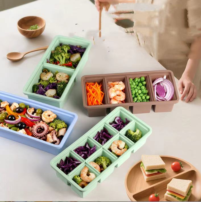 Large-capacity silicone soup container with lid, multi-compartment ice cube mold, ice tray, baby food storage box, silicone freezer portioning box