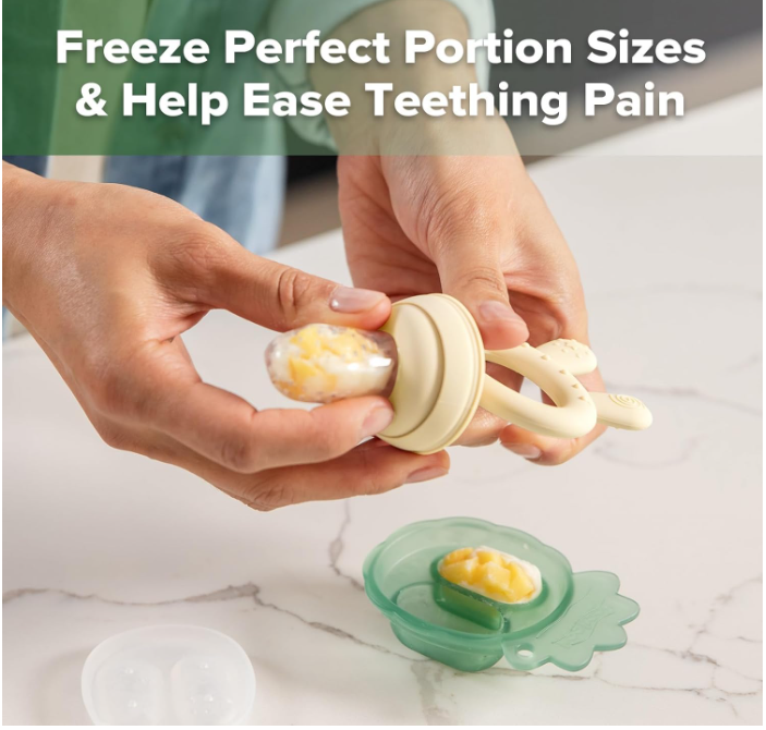 Baby fruit food feeder and mini freezer snack tray, BPA-free silicone feeder for breast milk popsicles, baby safe self-feeding device