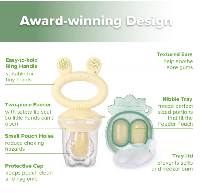 Baby fruit food feeder and mini freezer snack tray, BPA-free silicone feeder for breast milk popsicles, baby safe self-feeding device