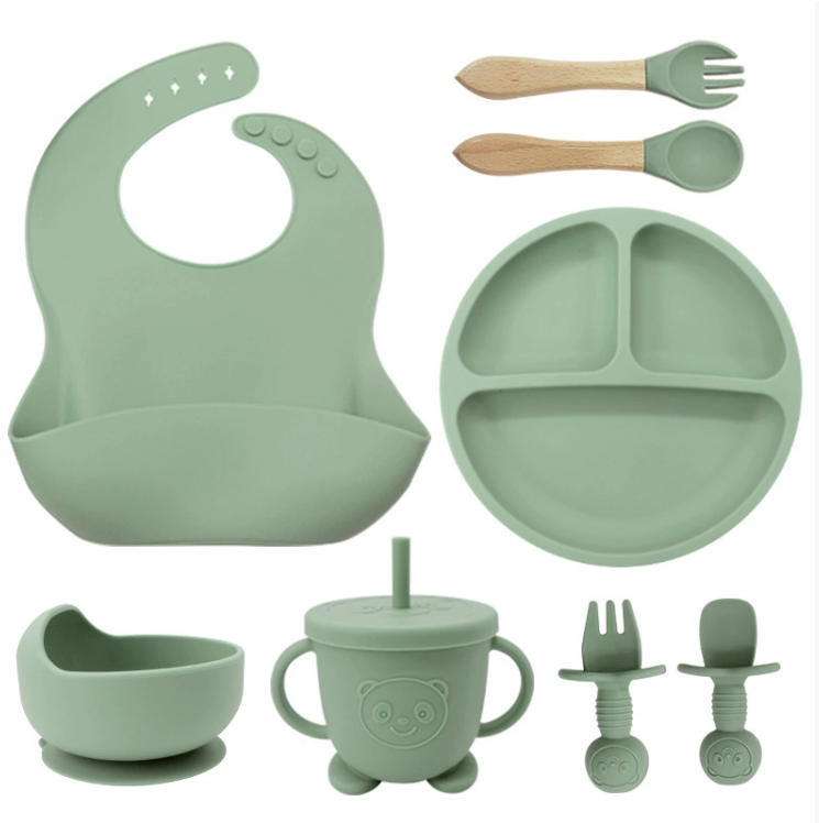 Children's Silicone Feeding Plate with Bib, Baby Food Bowl, Straw Cup, and Baby Feeding Silicone Tableware Set