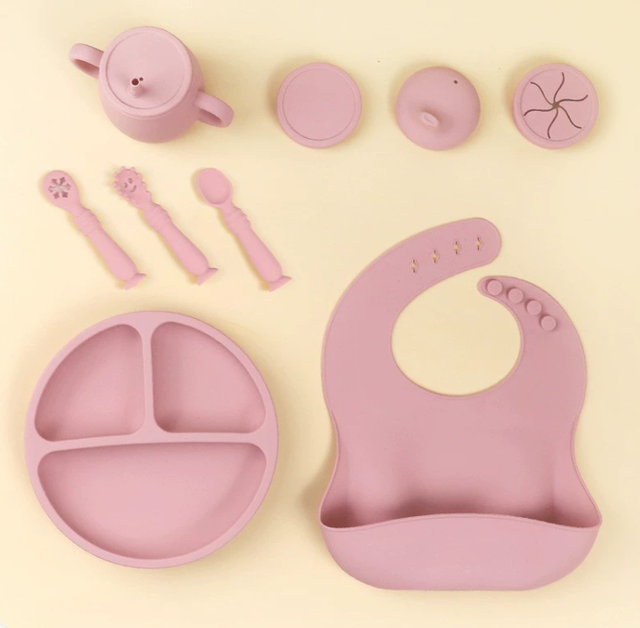 Children's Silicone Feeding Plate with Bib, Baby Food Bowl, Straw Cup, and Baby Feeding Silicone Tableware Set