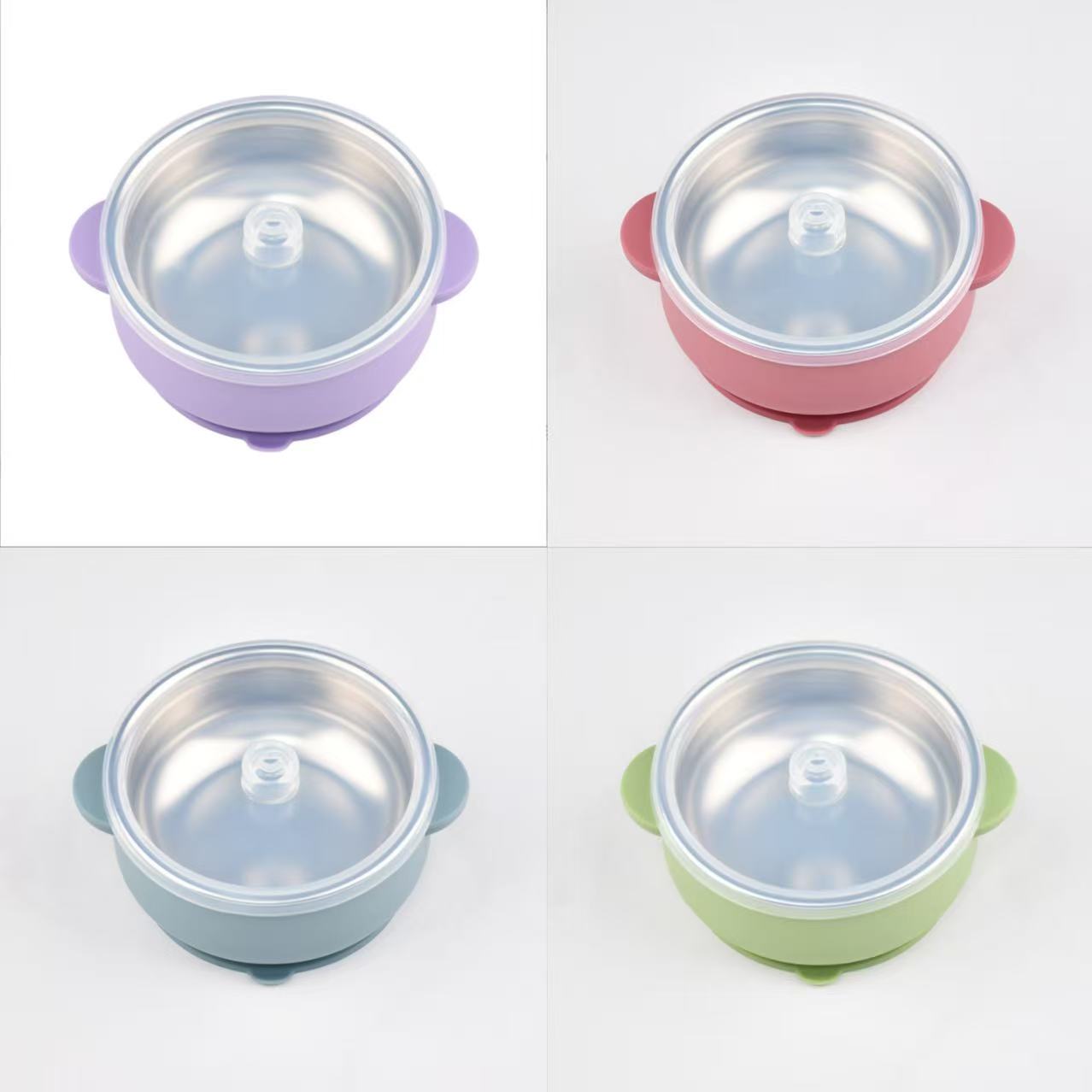 Silicone Double-Handle Bowl with 304 Stainless Steel Inner Liner, Children's Tableware, Baby Feeding Bowl, Anti-Scald and Drop-Resistant Plate