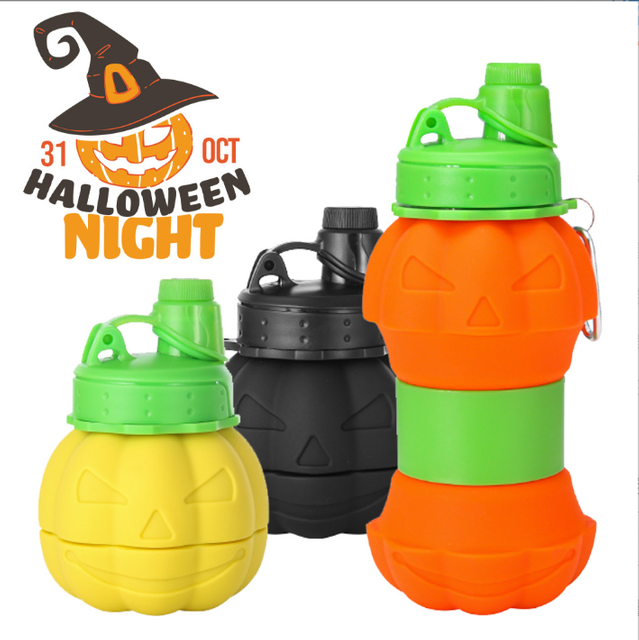 Cross-border Silicone Halloween Pumpkin Water Bottle, Foldable Portable Sports Cup, Creative Halloween Sports Water Bottle