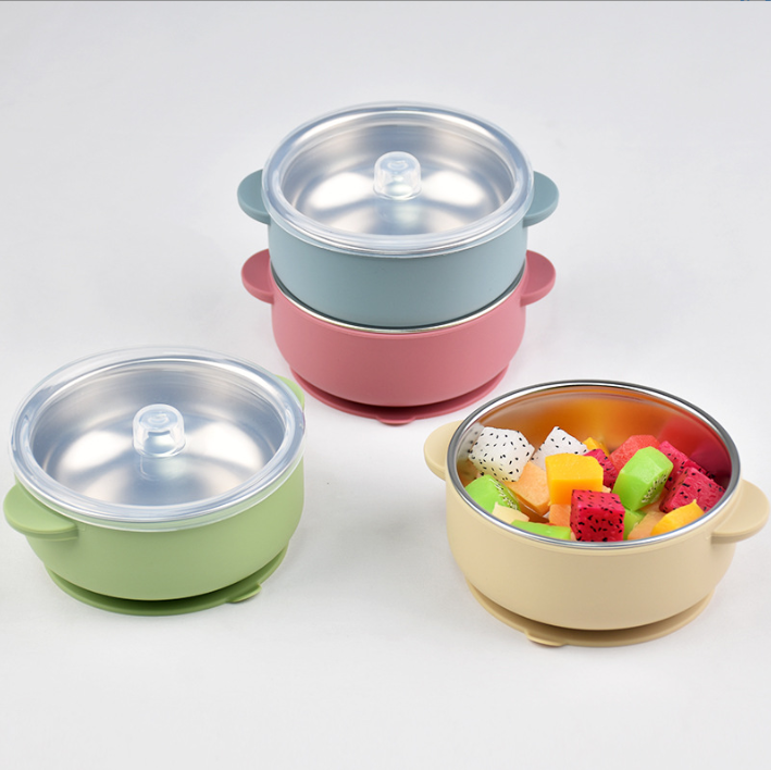 Silicone Double-Handle Bowl with 304 Stainless Steel Inner Liner, Children's Tableware, Baby Feeding Bowl, Anti-Scald and Drop-Resistant Plate