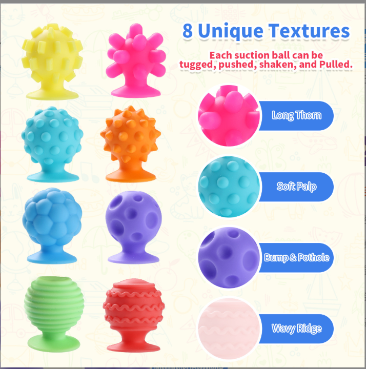 Cross-border Fidget Toys Children's Stress Relief Suction Ball Silicone Sensory Ball Soft Texture Stress Relief Toy 8PCS.