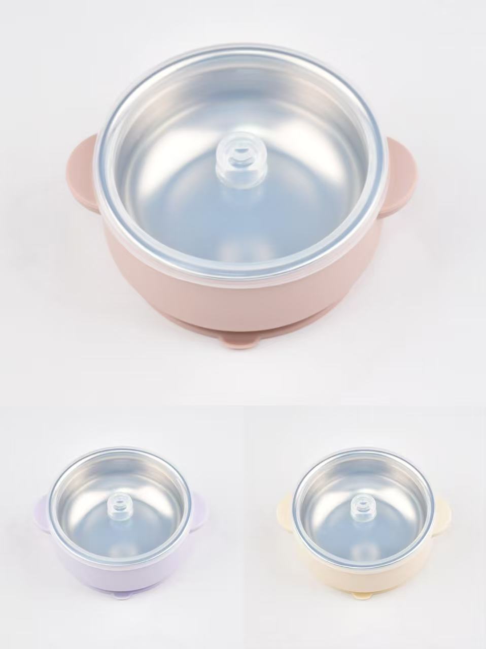 Silicone Double-Handle Bowl with 304 Stainless Steel Inner Liner, Children's Tableware, Baby Feeding Bowl, Anti-Scald and Drop-Resistant Plate