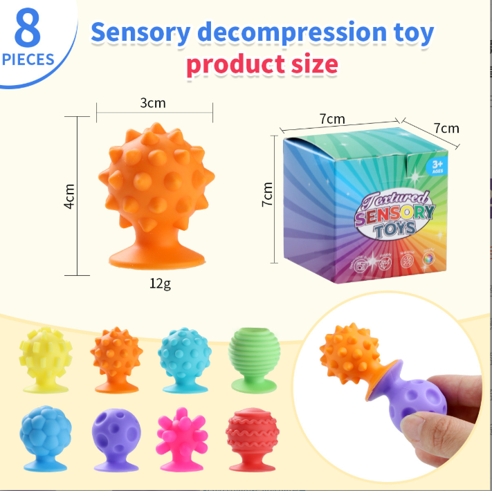 Cross-border Fidget Toys Children's Stress Relief Suction Ball Silicone Sensory Ball Soft Texture Stress Relief Toy 8PCS.