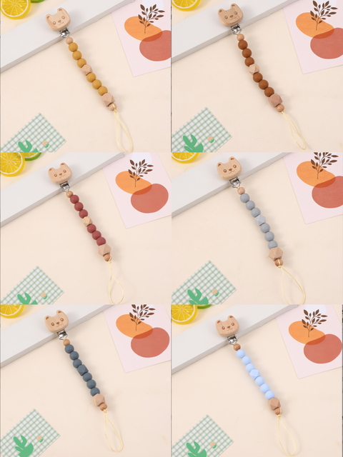 2024 New Beechwood Teddy Bear Pacifier Clip Baby Bead Toy Multi-Color Silicone Round Bead Baby Pacifier Chain Wholesale