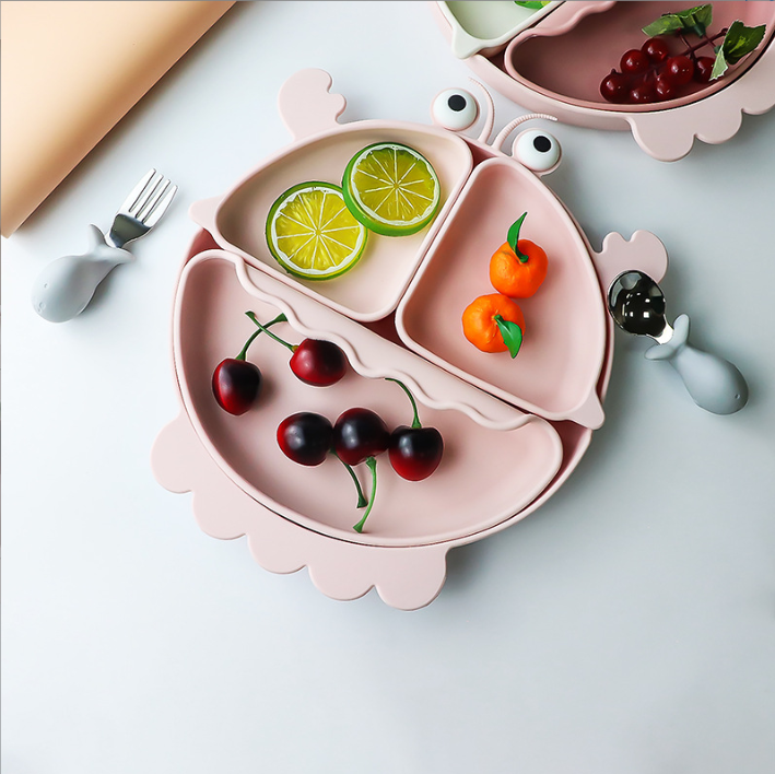 Food-grade silicone children's dining plate, baby weaning bowl, cartoon crab divided plate, baby self-feeding tableware