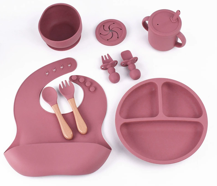 Children's Silicone Feeding Plate with Bib, Baby Food Bowl, Straw Cup, and Baby Feeding Silicone Tableware Set