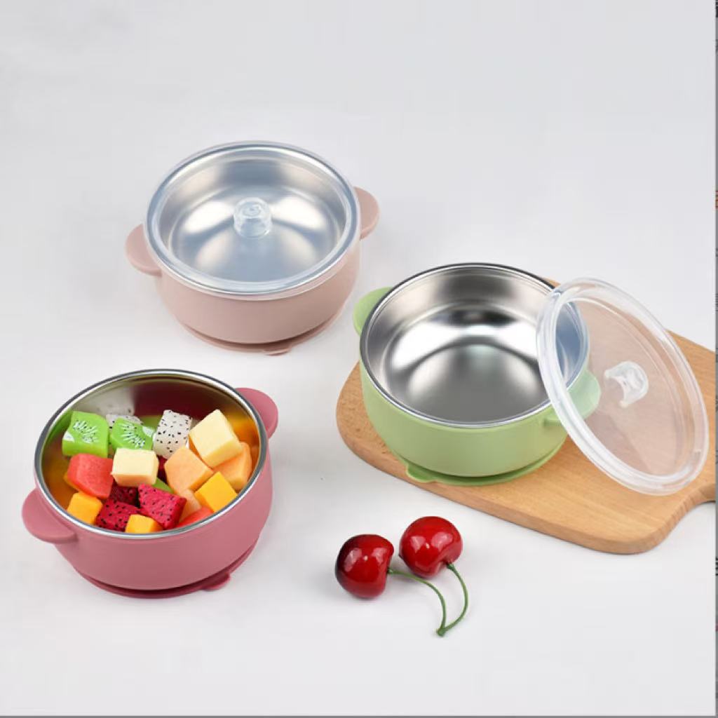 Silicone Double-Handle Bowl with 304 Stainless Steel Inner Liner, Children's Tableware, Baby Feeding Bowl, Anti-Scald and Drop-Resistant Plate