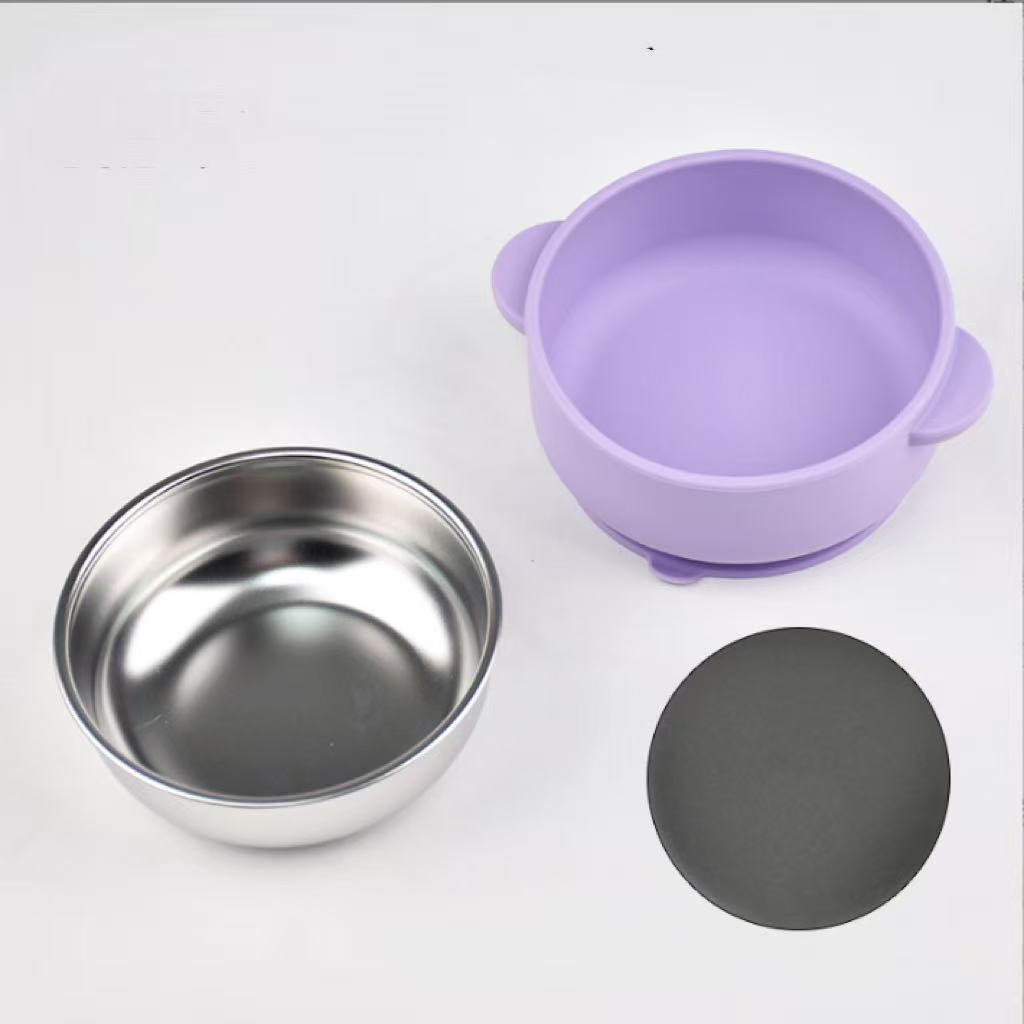 Silicone Double-Handle Bowl with 304 Stainless Steel Inner Liner, Children's Tableware, Baby Feeding Bowl, Anti-Scald and Drop-Resistant Plate