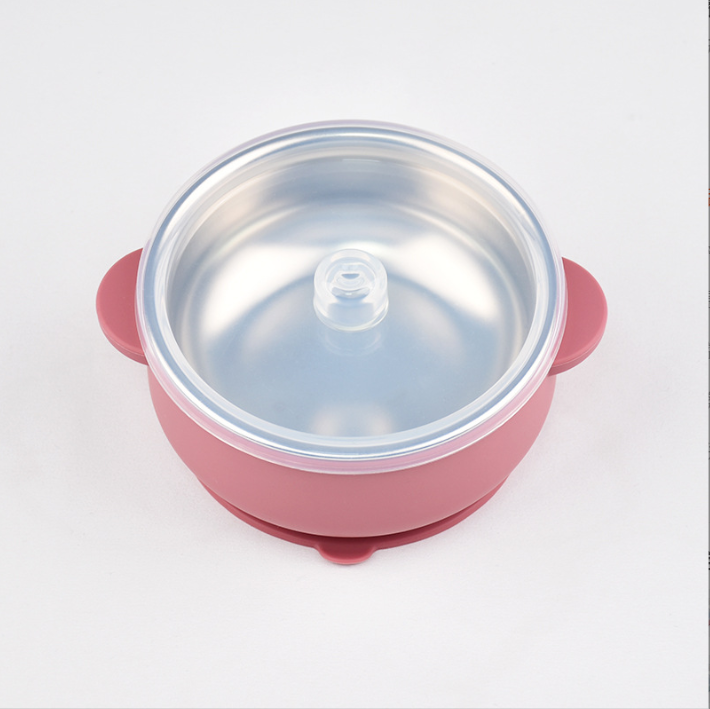 Silicone Double-Handle Bowl with 304 Stainless Steel Inner Liner, Children's Tableware, Baby Feeding Bowl, Anti-Scald and Drop-Resistant Plate